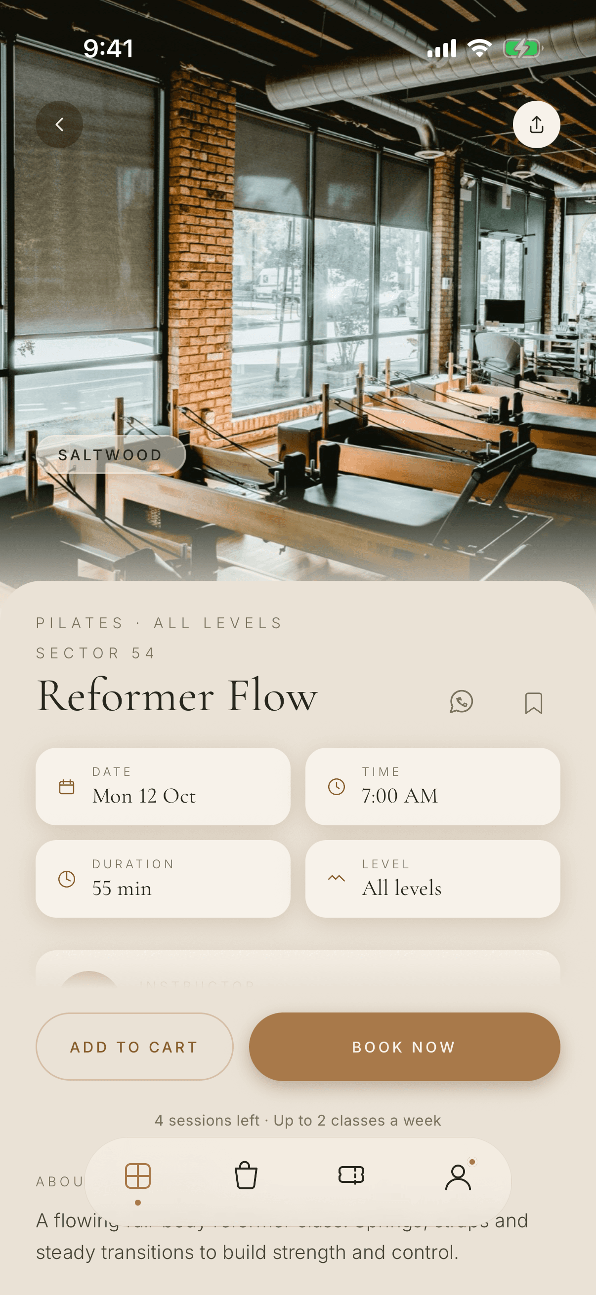 Class page for Reformer Flow on Mon 12 Oct at 7:00 AM, with a photo of the studio's reformer room, the date, time, duration and level, and Add to cart and Book now buttons.