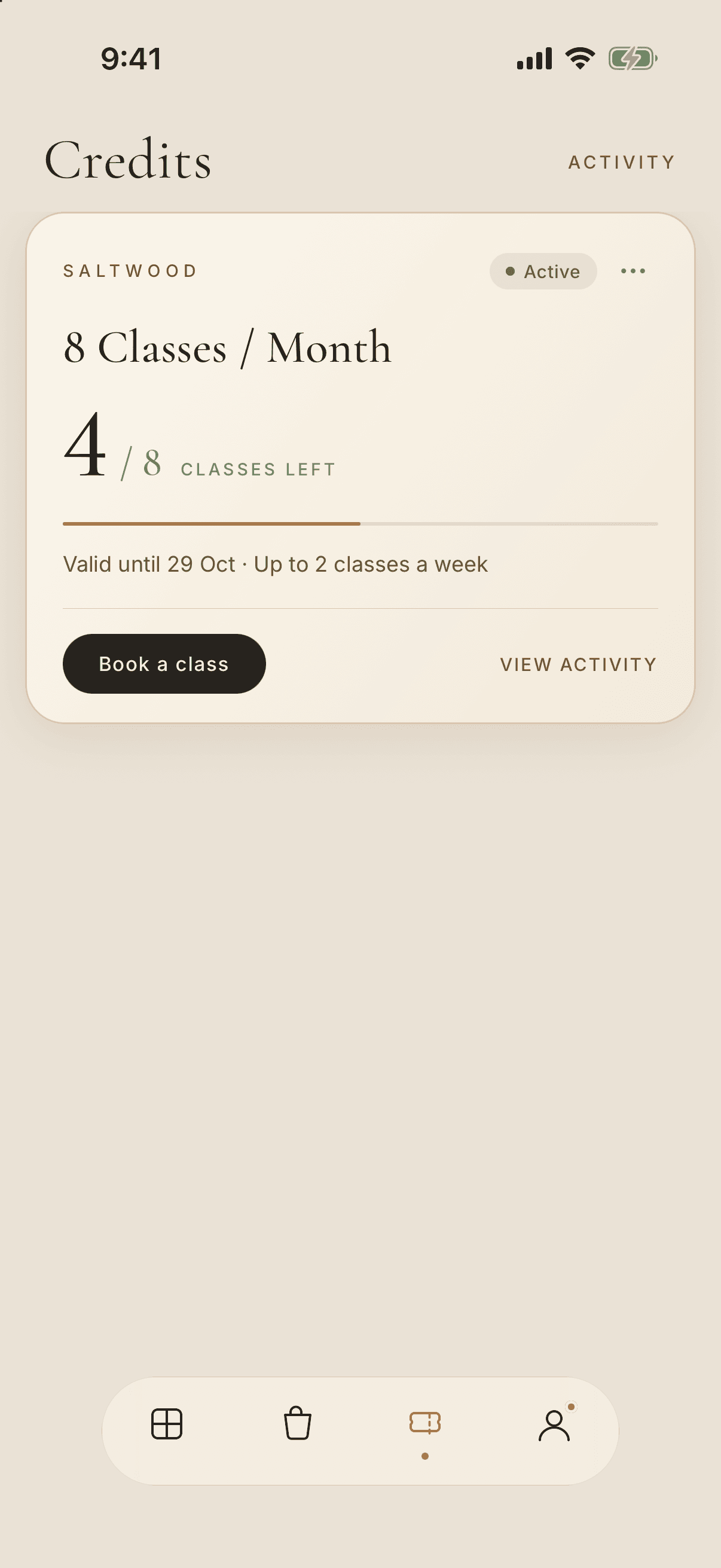 Credits screen showing an active 8 Classes / Month membership with 4 of 8 classes left, valid until 29 Oct, and a Book a class button.
