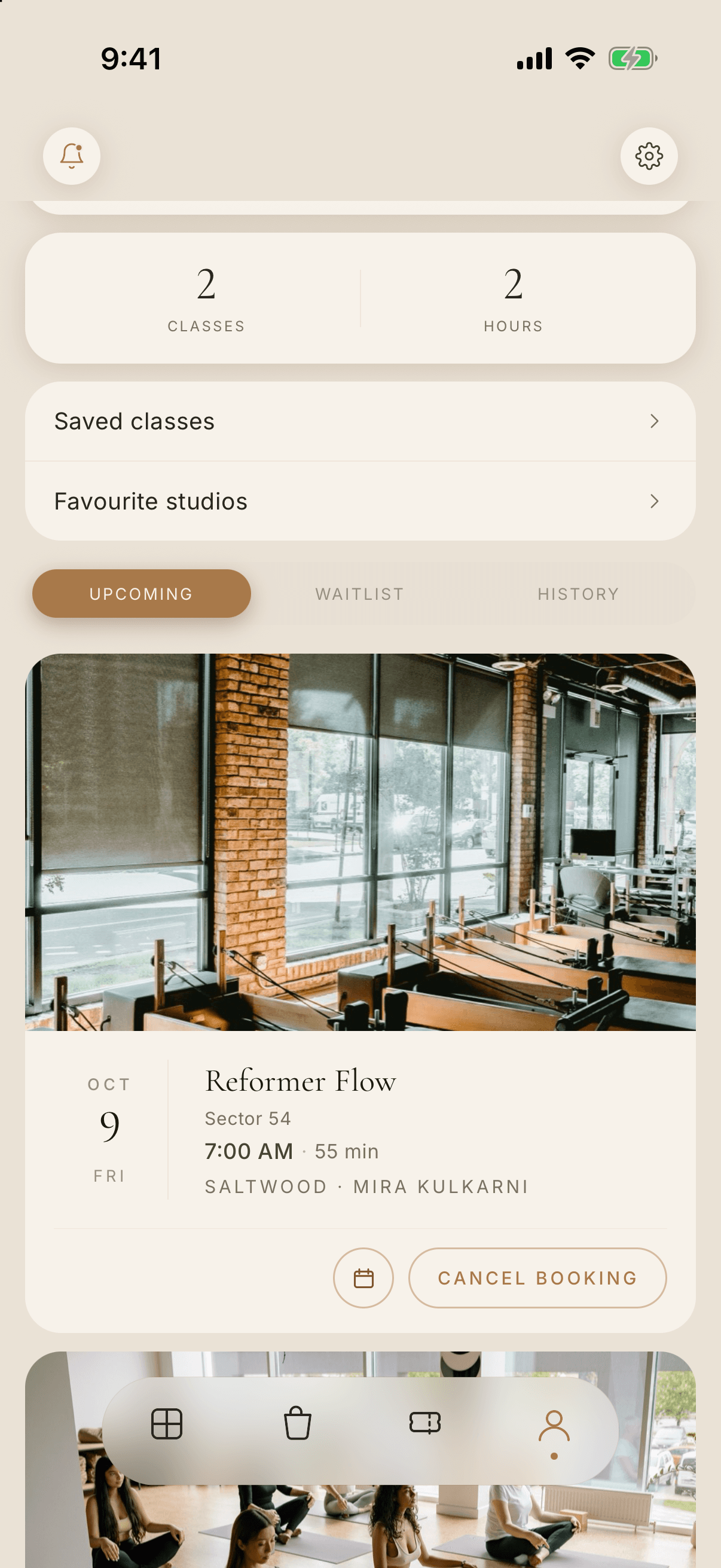 Bookings screen with upcoming classes: a Reformer Flow card with a photo and a Cancel booking button on Fri 9 Oct, and a Mat Pilates card below it.