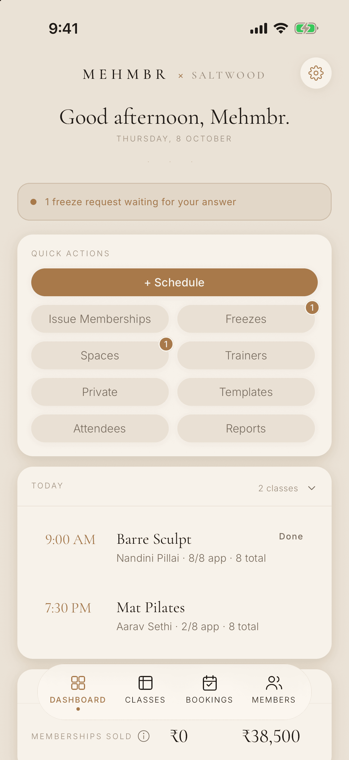 Studio dashboard greeting the owner, with a notice that one freeze request is waiting, quick actions for scheduling and issuing memberships, and today's two classes.