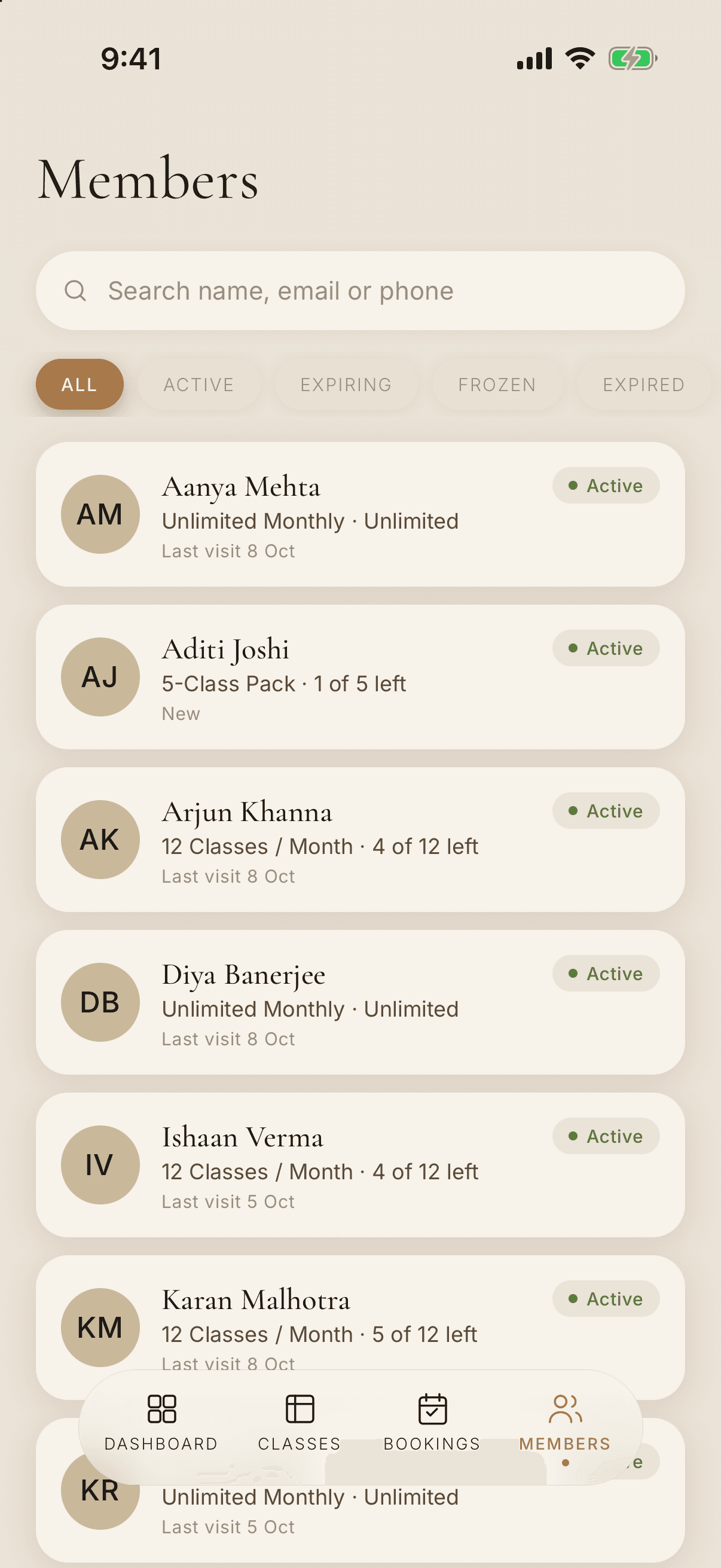Members list with a search box and filters, showing each member's name, their membership such as 12 Classes / Month with sessions left, and an Active label.