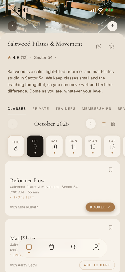 A studio page in the MEHMBR app, with its photo, rating and class schedule