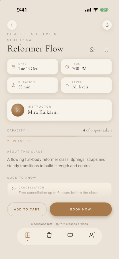 A class page in the MEHMBR app with spots left and a Book Now button