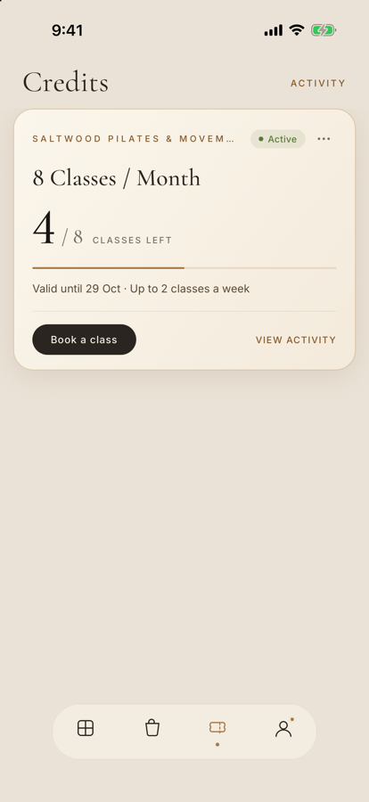 A membership in the MEHMBR app showing classes left and its expiry date