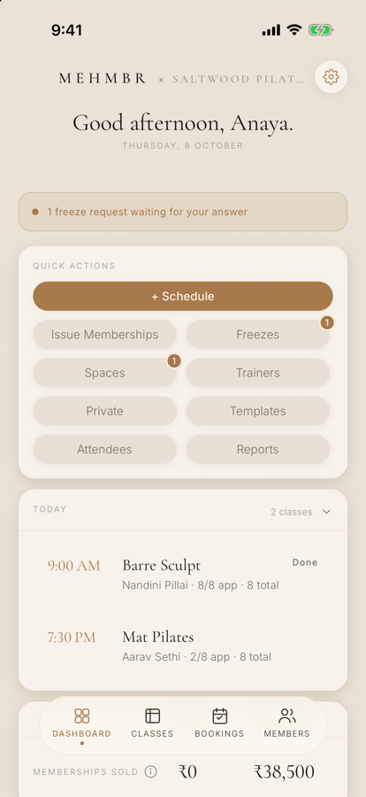 The studio dashboard in the MEHMBR app, with quick actions and today's classes