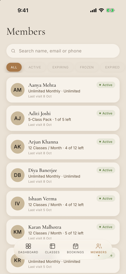 The members directory in the MEHMBR app, with each member's pass and last visit