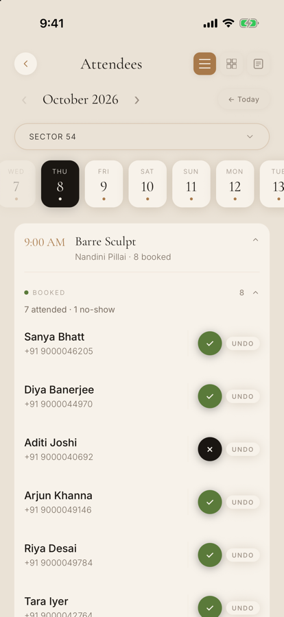 A class attendance list in the MEHMBR app with check-ins